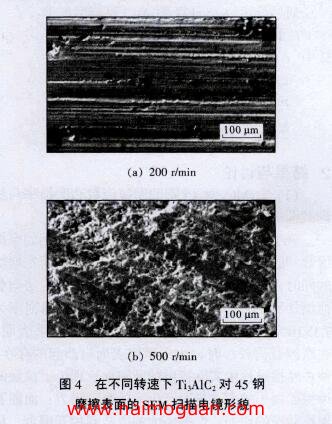 圖4 在不同轉(zhuǎn)速下Ti A1C 對(duì)45鋼 摩擦表面的SEM掃描電鏡形貌